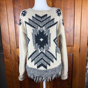Press Cream & Black Cozy Boho Aztec Wool Blend Crew Neck Fringed Sweater Western